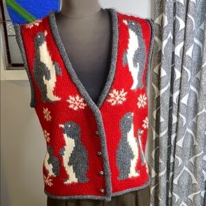 Kathy Gallagher Penguin Patterned Red Wool Knit Sweater Vest